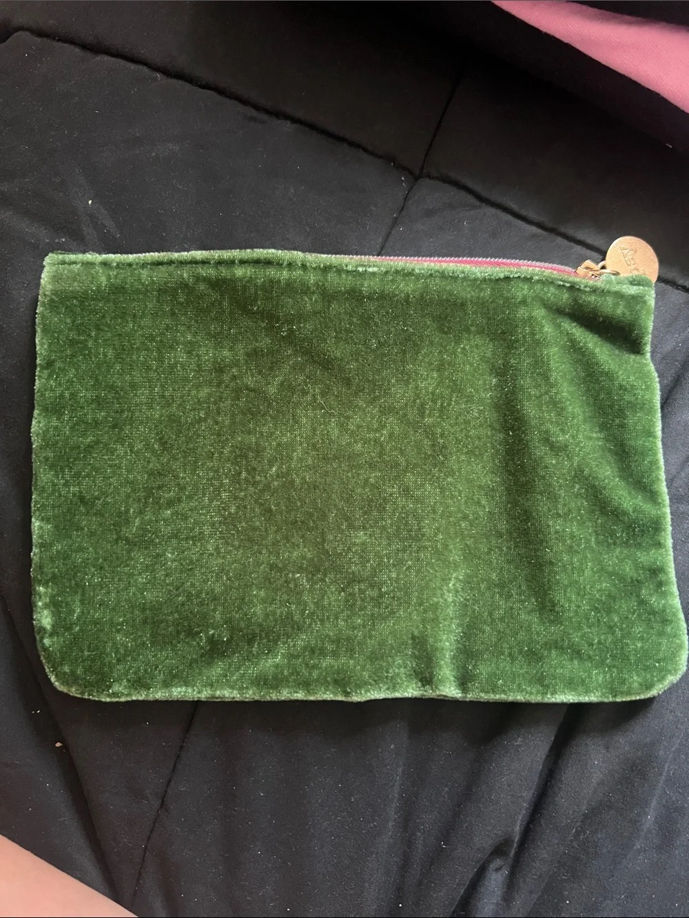 ipsy Green Velvet Makeup Pouch with Pink Trim